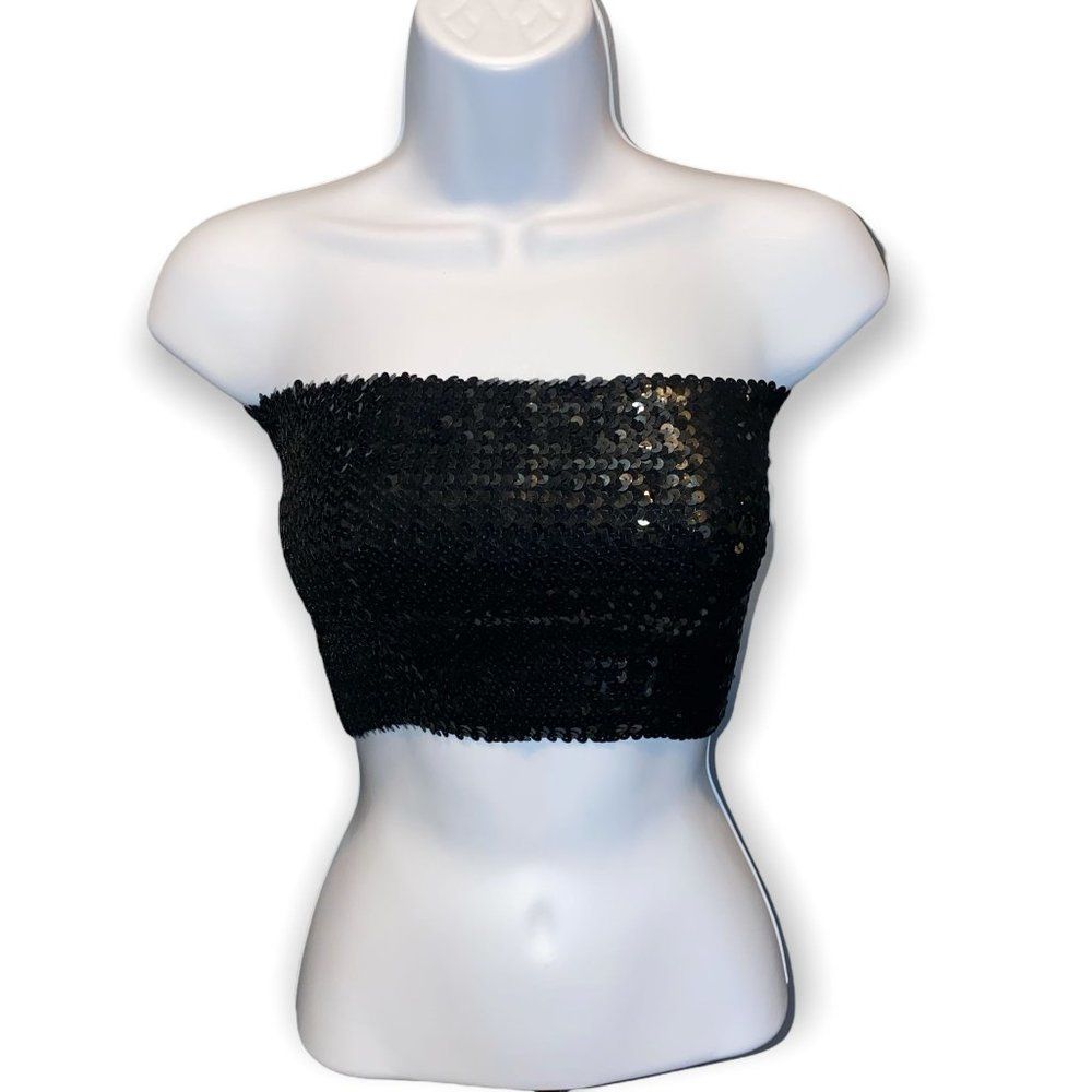 Black Sequin Stretchy Tube Top, Size Small